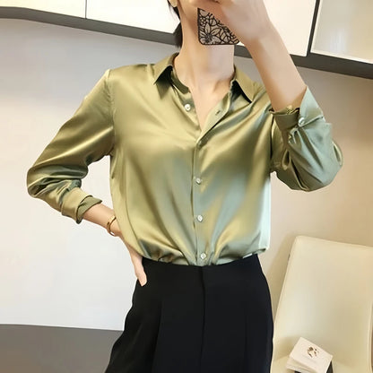 Satin Long Sleeve Blouse For Women Button Front Turn Down Collar Solid