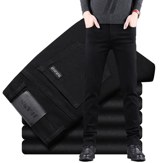 Men's Black Slim Jeans With Elastic Waist Straight Leg Denim Pants