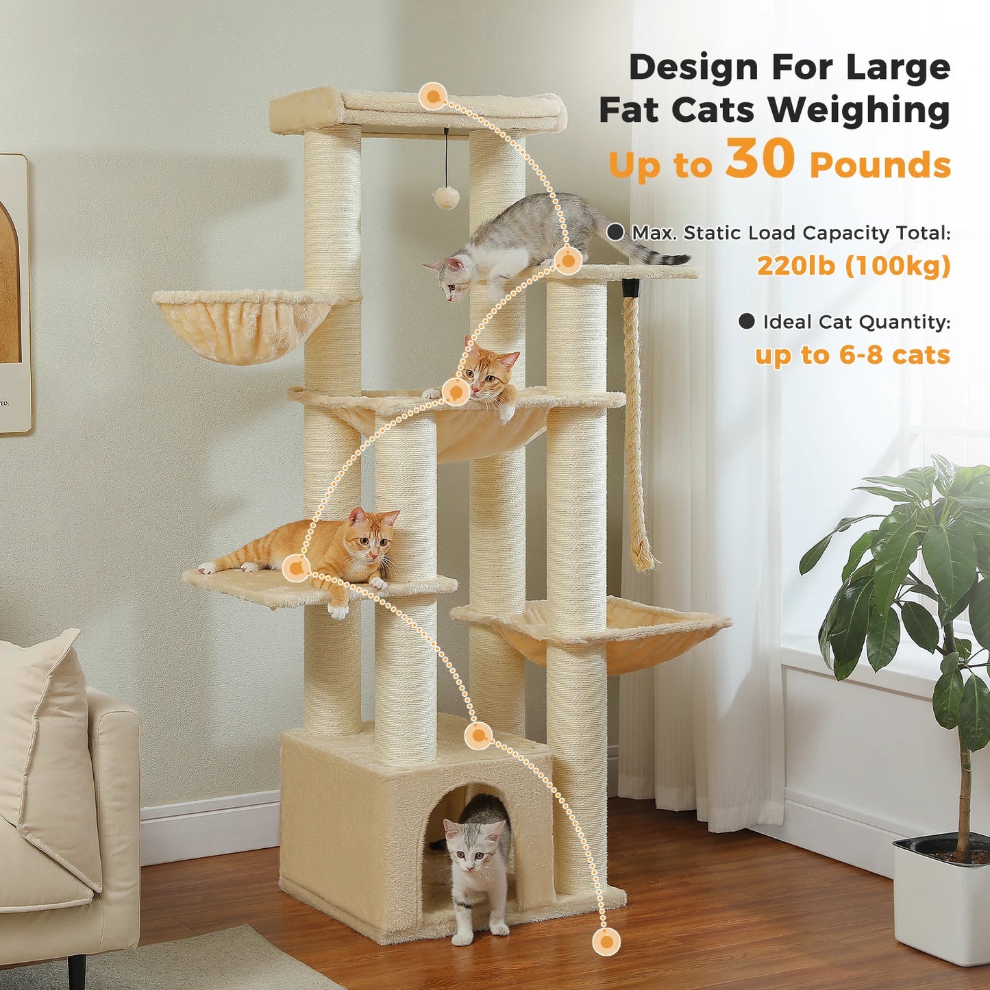 Multi-Level Cat Tree with Scratching Posts, Cozy Condo, Super Large Perch, Deep Hammocks, Tall Cat Tower for Indoor Adult Cats
