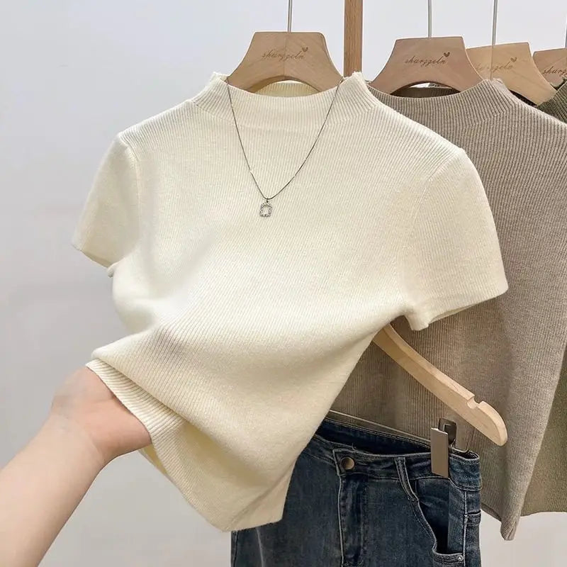 2026 Basic Turtleneck Solid Thin Summer Pullover Women Female Knitted Sweater Slim Short Sleeve Bodycon Sweater