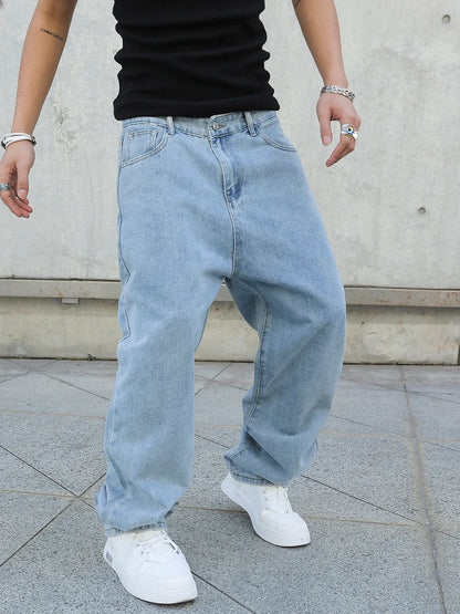 Men's Baggy Denim Jeans Loose Straight Wide Leg Trousers Solid Color