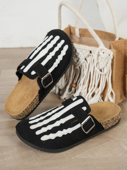 Womens Skeleton Print Slip On Sandals With Buckle Strap Closed Toe