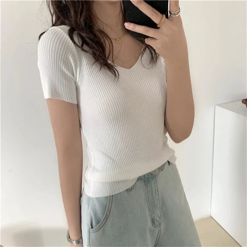 Basic V-neck Solid Thin Summer Pullover Women Female Knitted Ribbed Sweater Slim Short Sleeve Bodycon Sweater