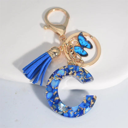 AZ Letter Keychain With Blue Stone And Butterfly Tassel Pendant