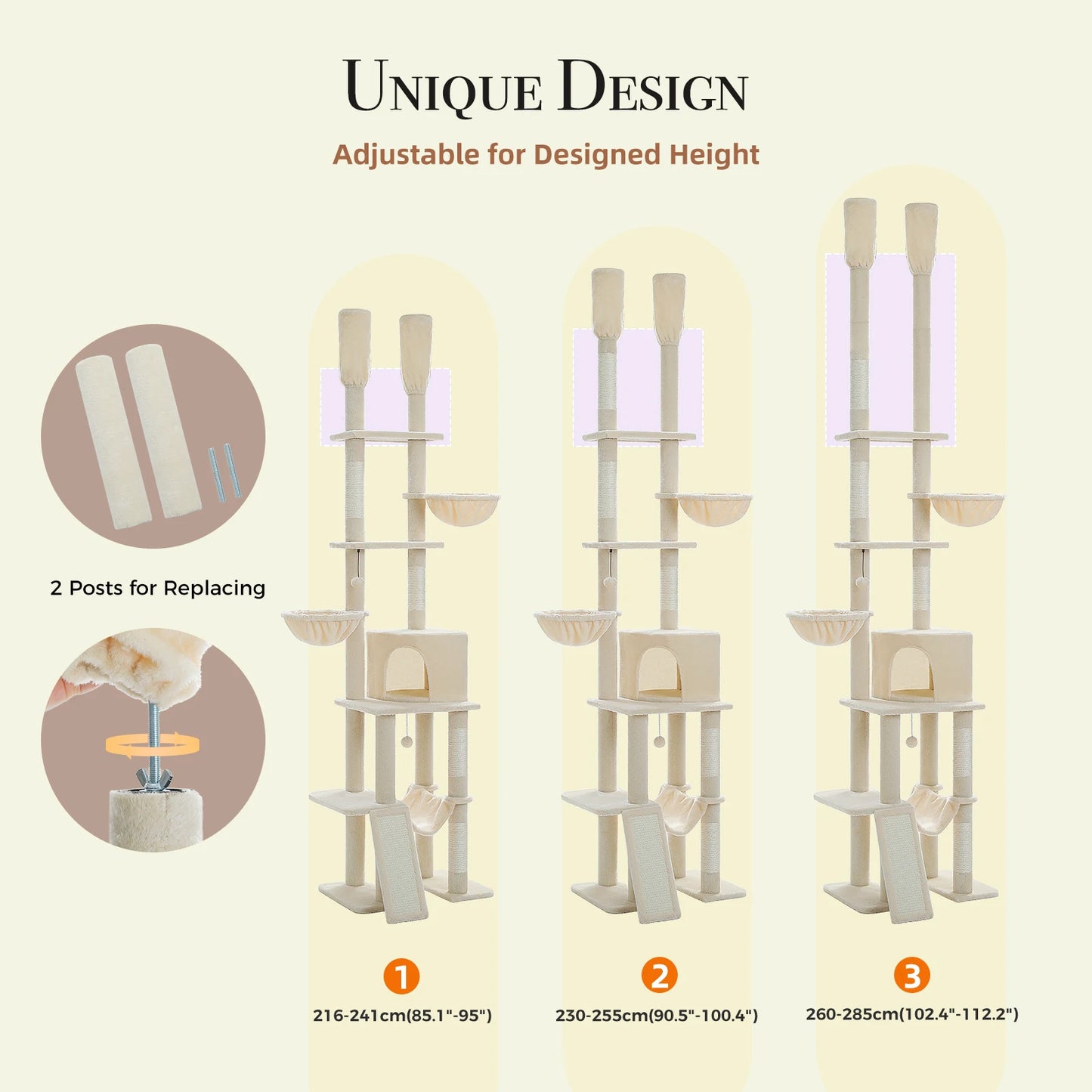 Floor to Ceiling Cat Tree with Sisal Scratching Posts Cozy Condo Hammock Adjustable Height Tall Cat Tower for Indoor Cat Toys