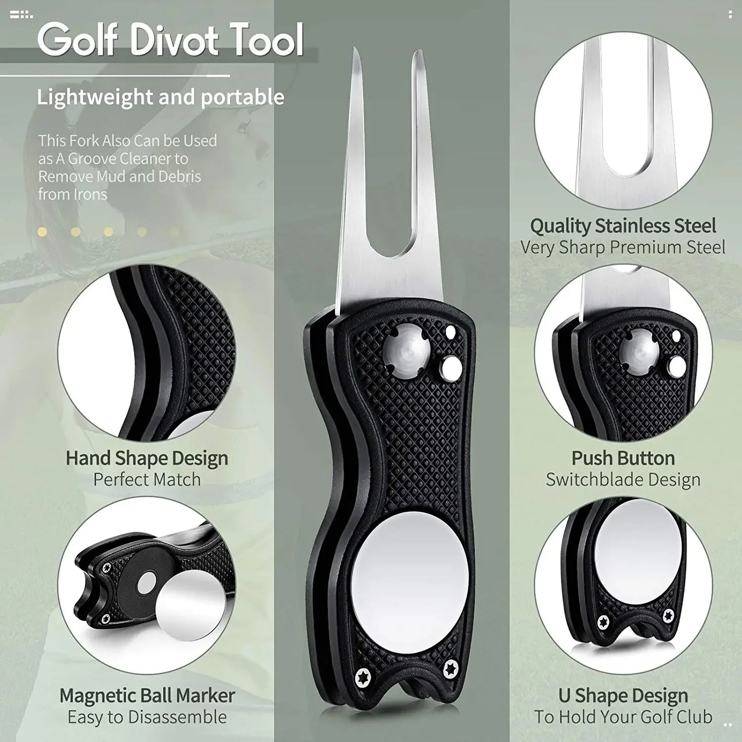 1PC Foldable Metal Golf Turf Repair Tool With Magnetic Ball Marker And Pop-Up Button For Golf Green Fork Golf Tool