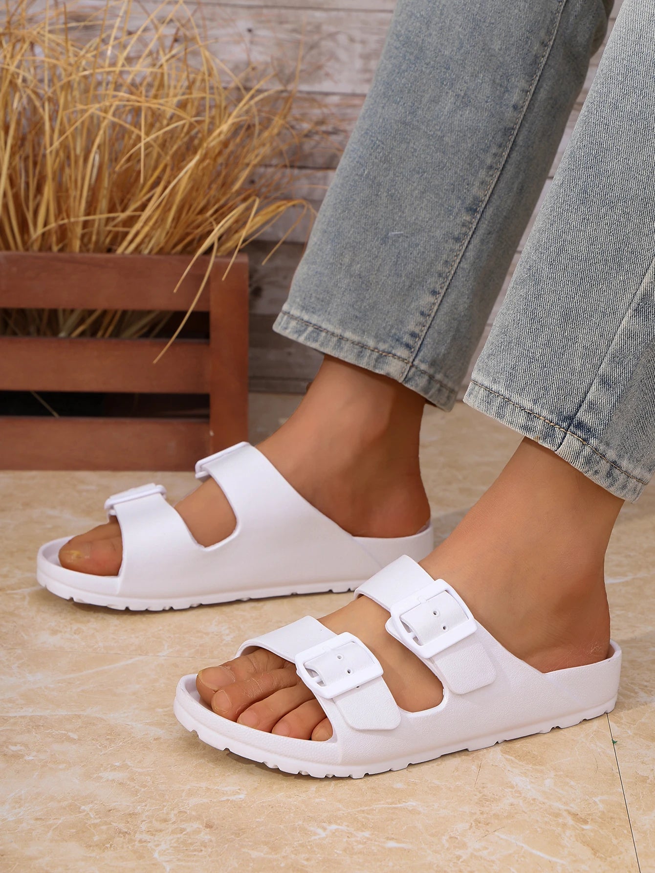 EVA Slip On Slippers With One Piece Molded Double Strap Adjustable Buckle