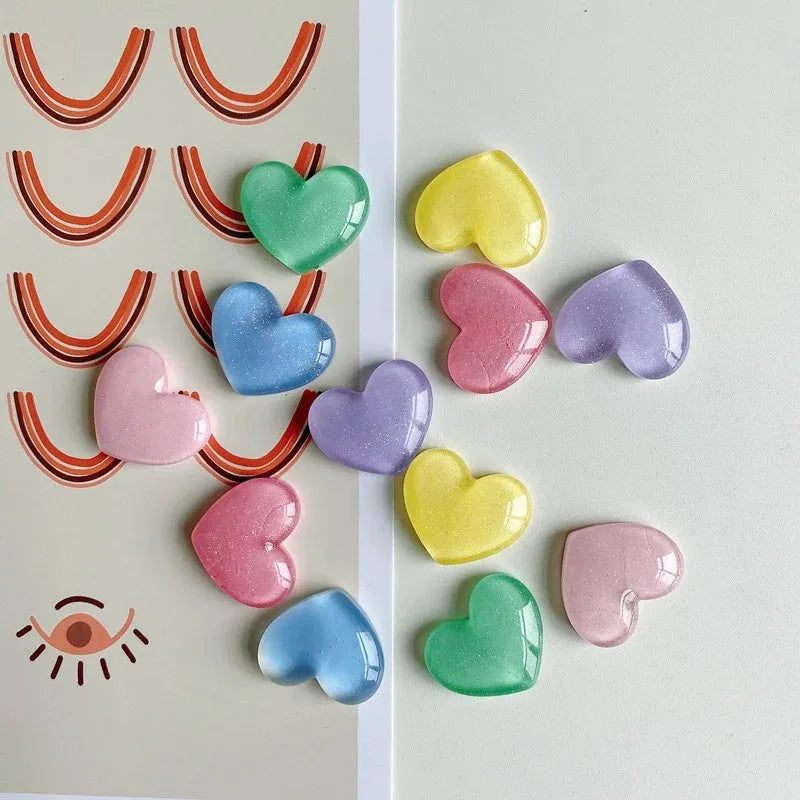 Heart-Shaped Glitter Colored Fridge Magnets Set, Resin 2.5x2.2 cm, 6 Pieces
