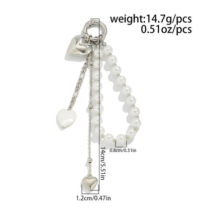 Pearl Beaded Keychain With Peach Heart Bead And Zinc Alloy Chain