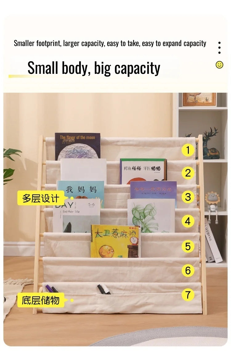 Wooden Movable Kids Bookshelf Multi-Layer Storage Bookcase Floor Standing Reading Shelf for Children's Books & Toys