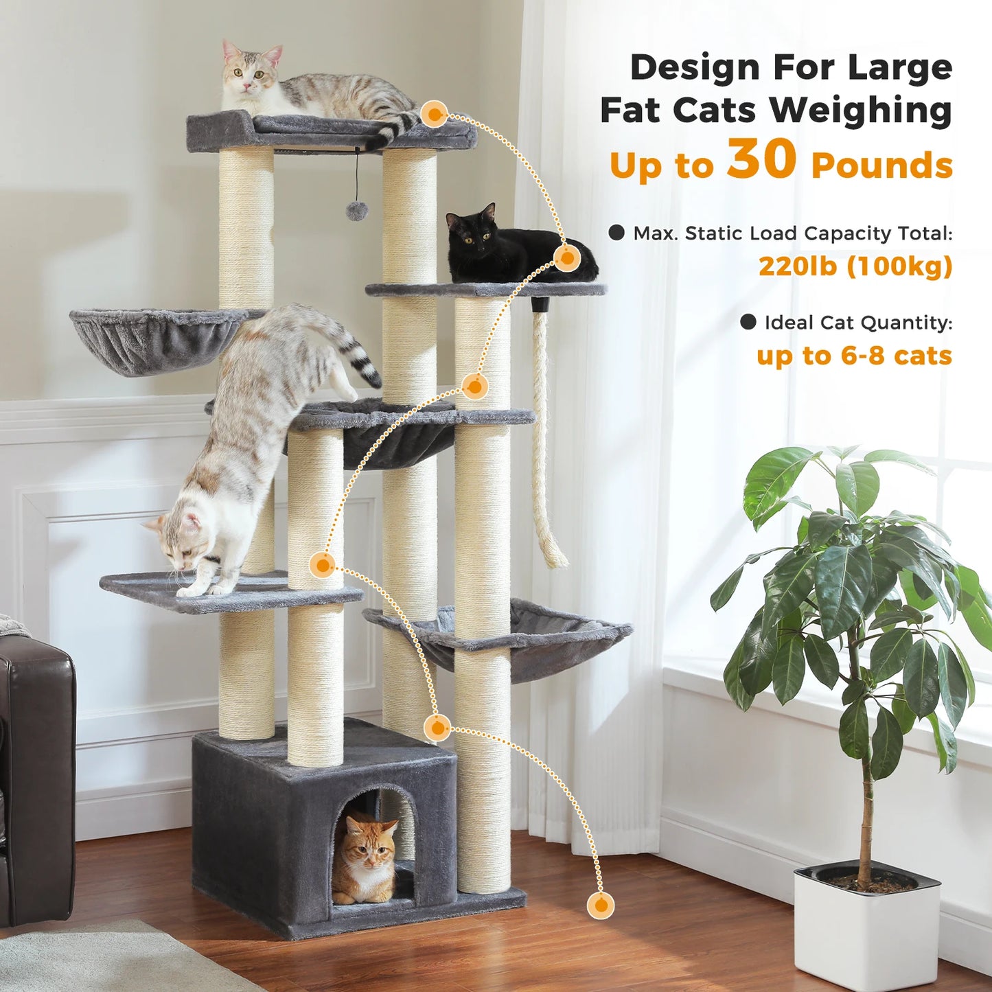 Multi-Level Cat Tree with Scratching Posts, Cozy Condo, Super Large Perch, Deep Hammocks, Tall Cat Tower for Indoor Adult Cats