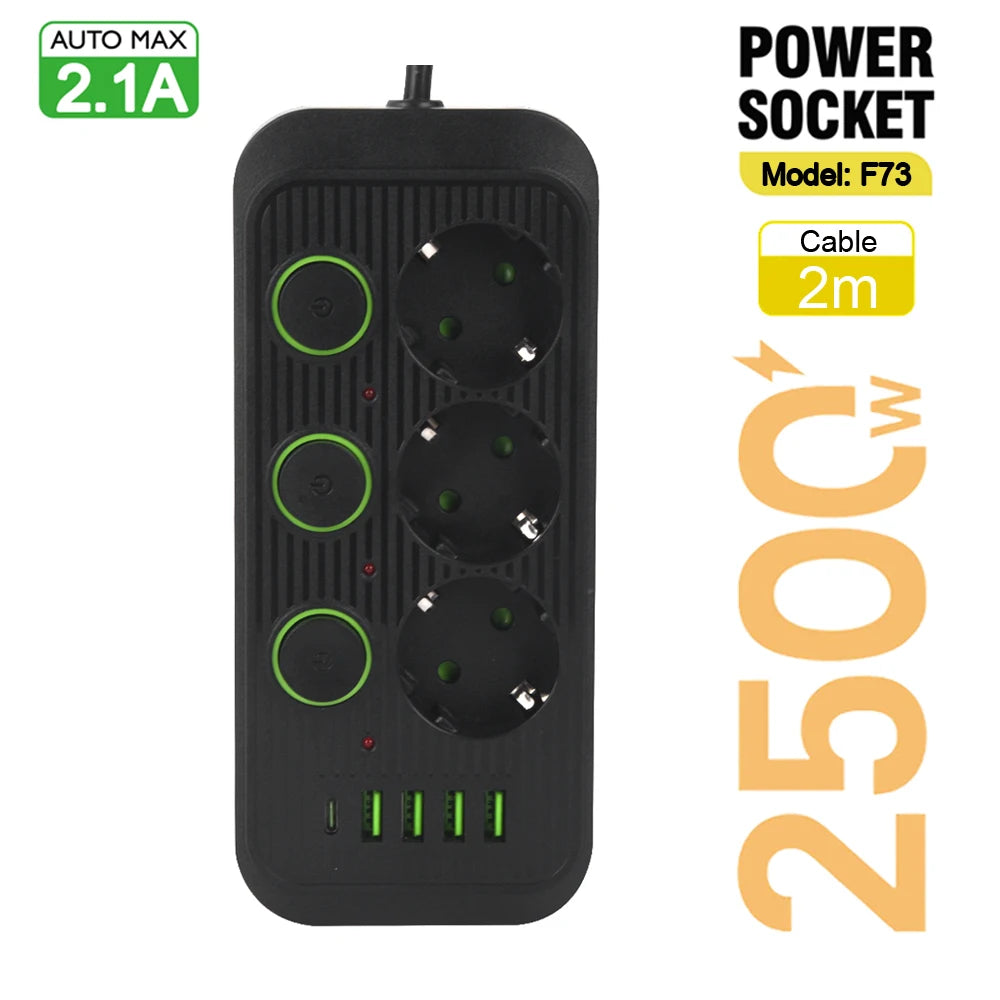 EU Plug Power Strip With USB Ports 2m Extension Cable Surge Protector