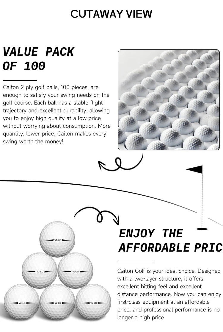 Caiton 100pcs 2-Layer Golf Balls - 332 Dimple, Max Distance, Spin Control, Durable, Precision - For Golf Training & Play