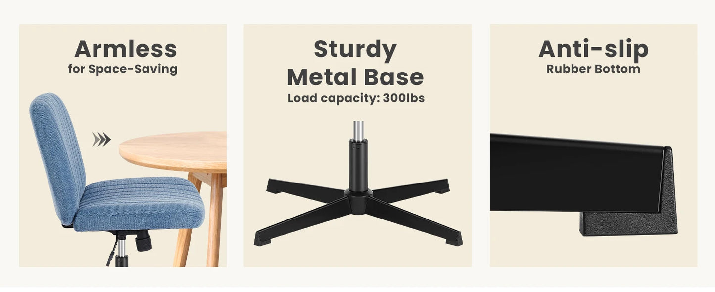 Criss Cross Legged Office Chair, Armless Wide Seat No Wheels, Modern Home Desk Height Adjustable Swivel