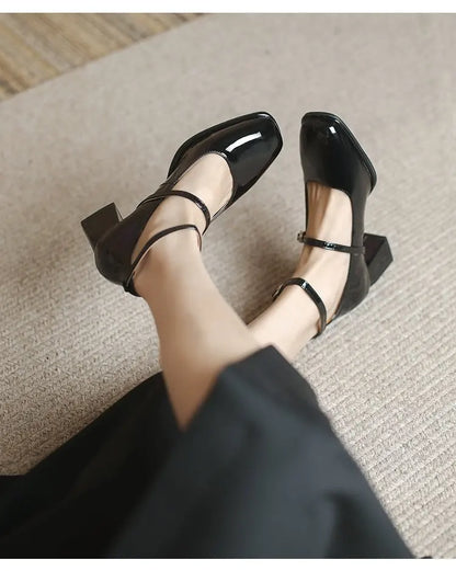 Leather Mary Jane Pumps Buckle Strap Shallow Square Toe High Heel Women