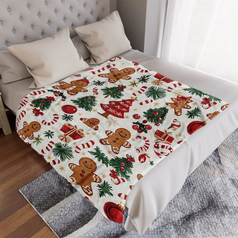 Ultra-Soft Christmas Flannel Throw Blanket – Gingerbread Wonderland Holiday Decor