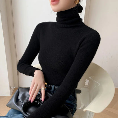 Women's Turtleneck Knit Pullover Sweater, Slim Fit, Long Sleeve, Solid