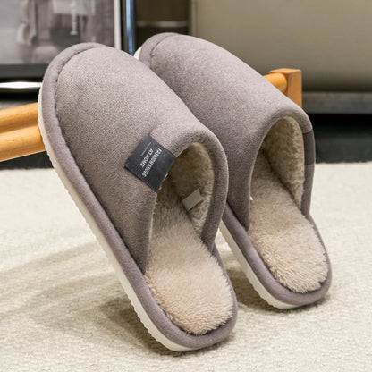 Men's Warm Plush Lined Indoor Slippers with Flat Heel