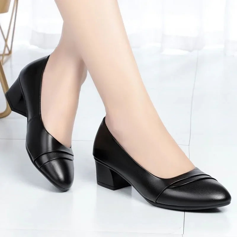 Plus Size Women's Black PU Leather Slip-On Pumps, Round Toe, Square Heel