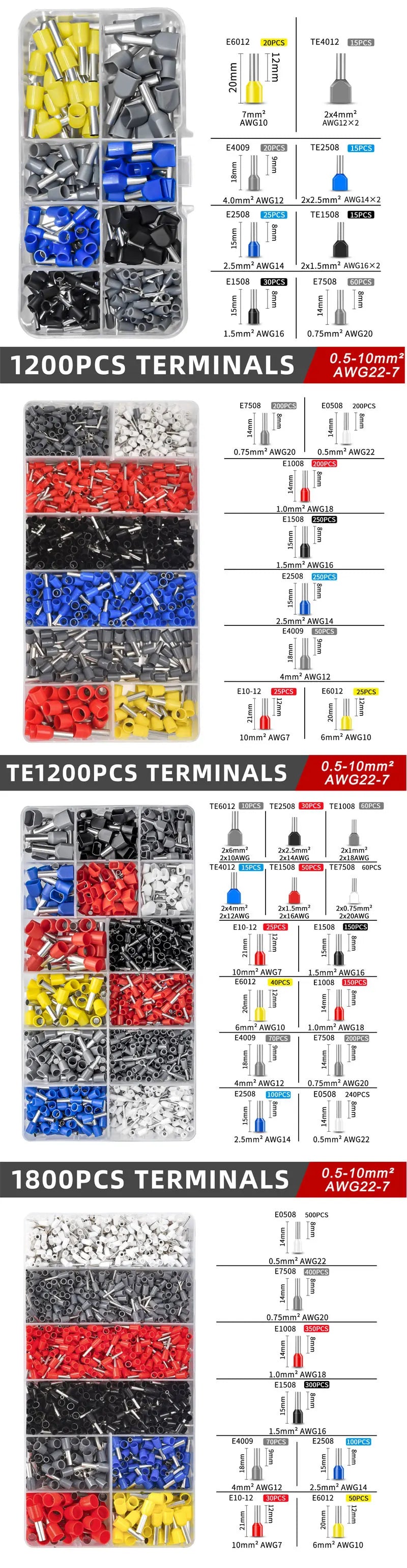 Electrical Tube Insulated Terminal VE Tubular Crimp Terminals Wire Cable Connector Ferrules Terminal Connectors Kit