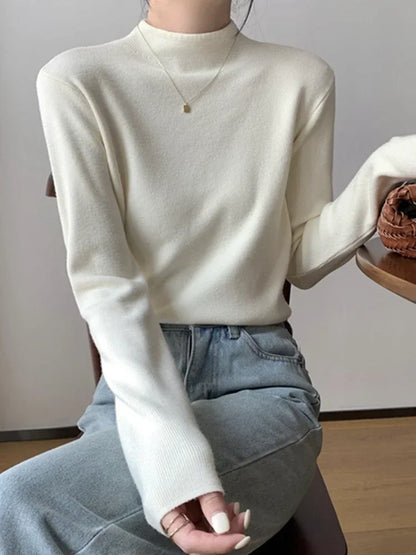 Women Mock Neck Knitted Sweater Pullover Slim Fit Knitwear