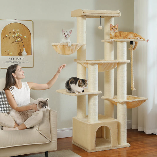 Multi-Level Cat Tree with Scratching Posts, Cozy Condo, Super Large Perch, Deep Hammocks, Tall Cat Tower for Indoor Adult Cats