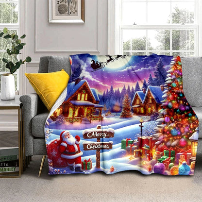 Cartoon Santa Snowman Throw Blanket Flannel Polyester Cotton