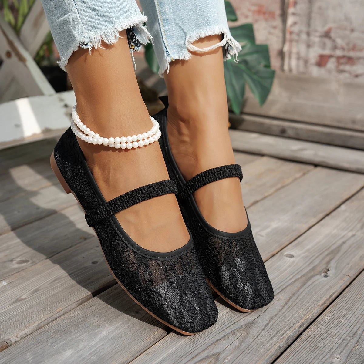 Ballet-style mesh flat shoes for women, French pastoral-style small square-toe single shoes, Mary Jane shoes