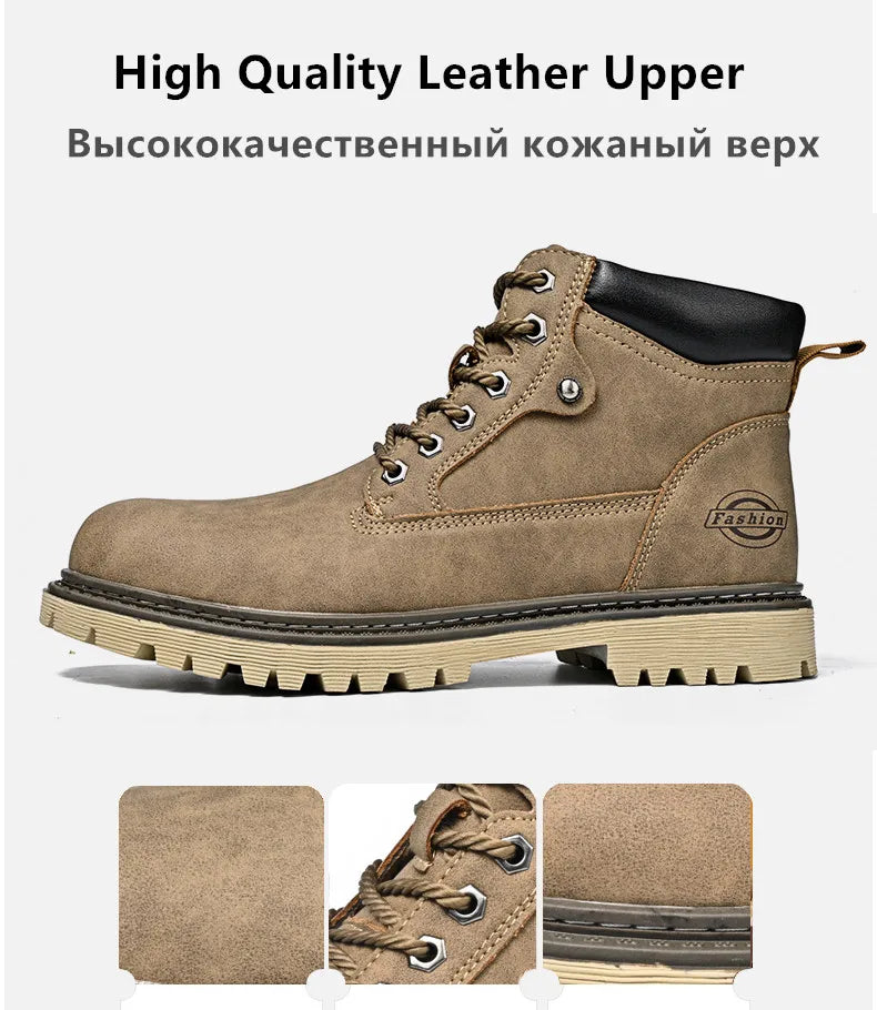 Leather Men Work Boots Mid Calf Ankle High Top Non Slip