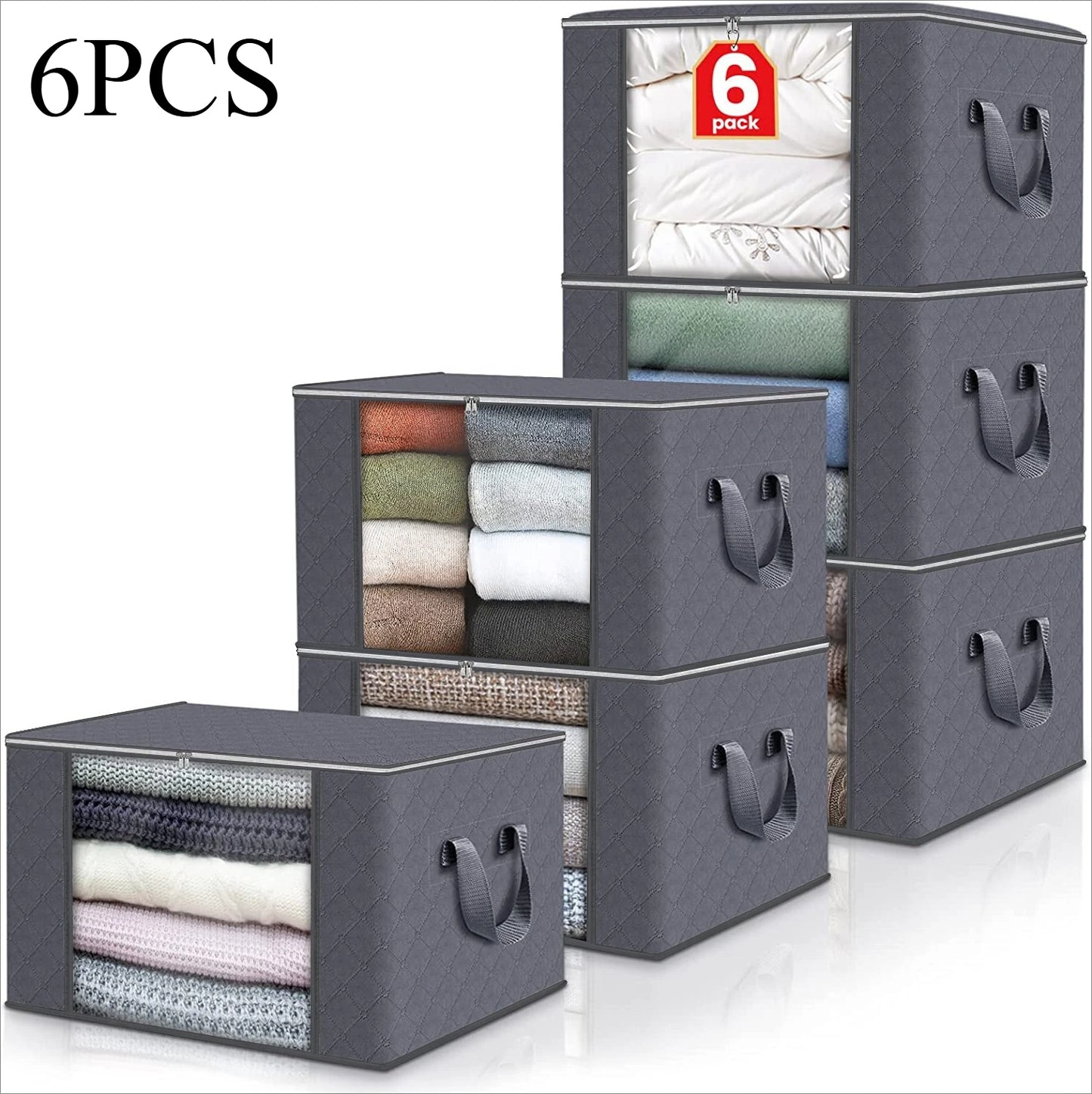 6pcs 23.78 gallon oversized storage bag with zipper and lid - Foldable and durable clothing organizing bag suitable for bedding