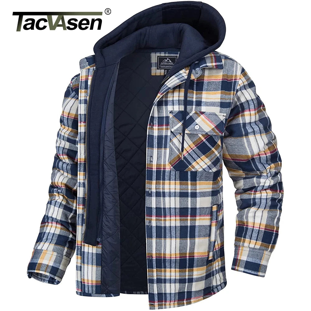 TACVASEN Men's Flannel Shirt Jacket with Removable Hood Plaid Quilted Lined Winter Coats Thick Hoodie Outwear Man Fleece Shirts