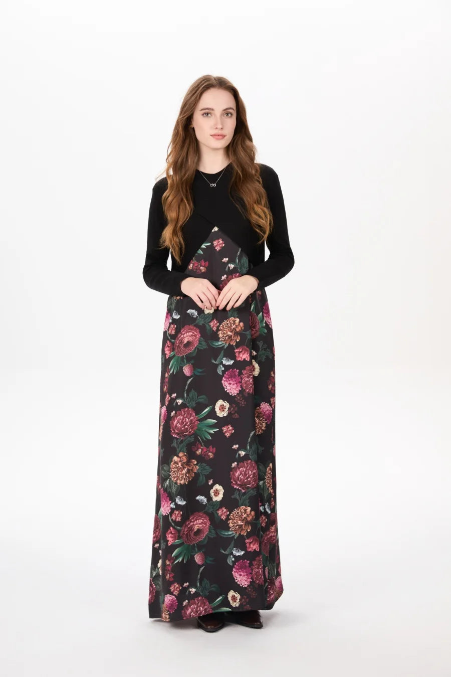 AS AW25 elegance slip satin dress + knitting cross top +mockneck woman clothing set adjustable maxi floor length