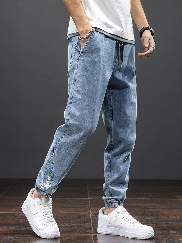 Mens Denim Cargo Jogger Pants, Baggy Harem Style, Drawstring Waist Plus Size