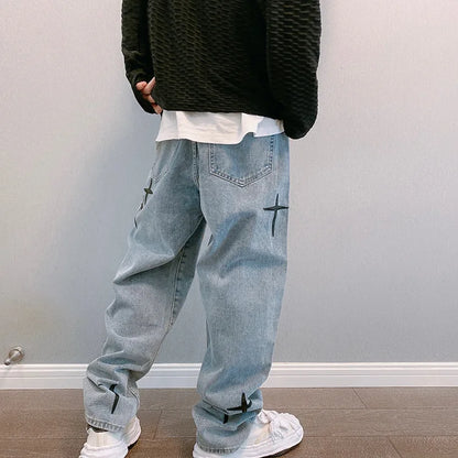 Mens Baggy Wide Leg Denim Cargo Pants Straight Fit