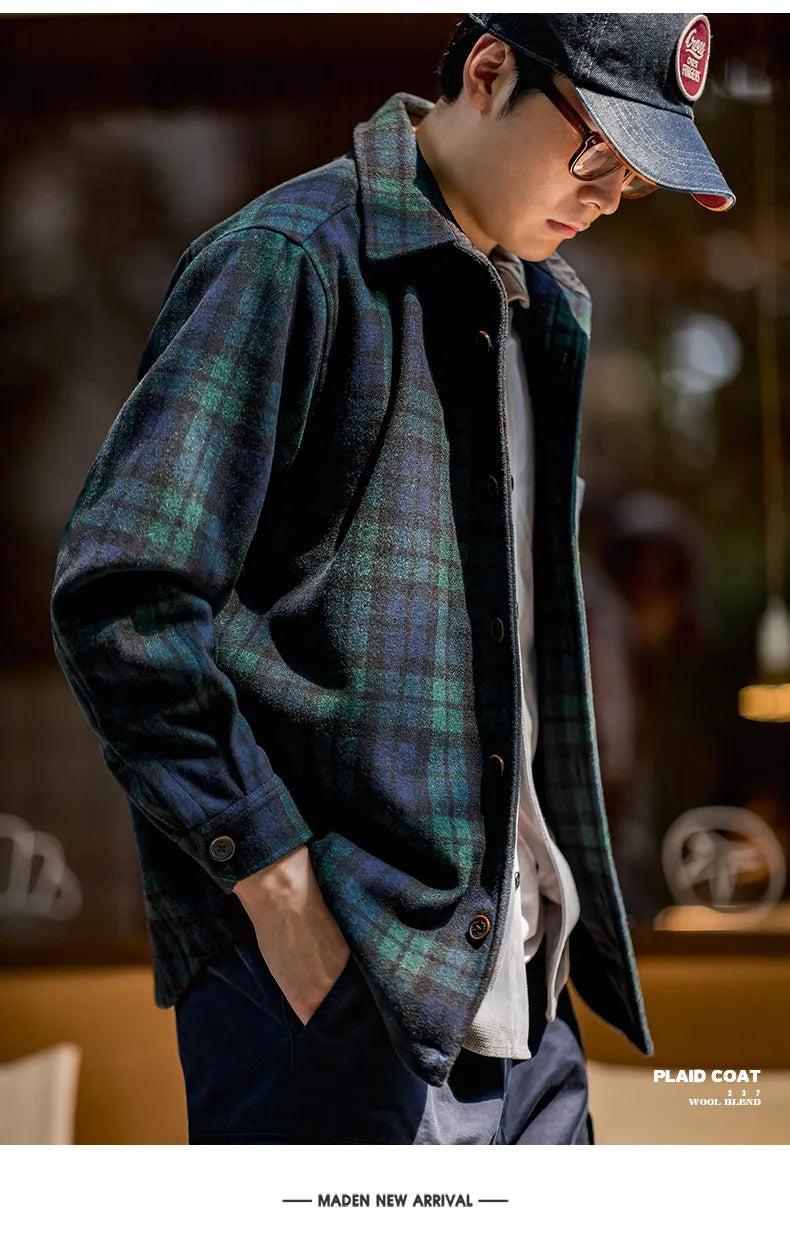 Maden American Retro Blue Green Plaid Wool Jacket Loose Thick Plaid Shirt Jacket Men's Coat Clothing Spring And Autumn