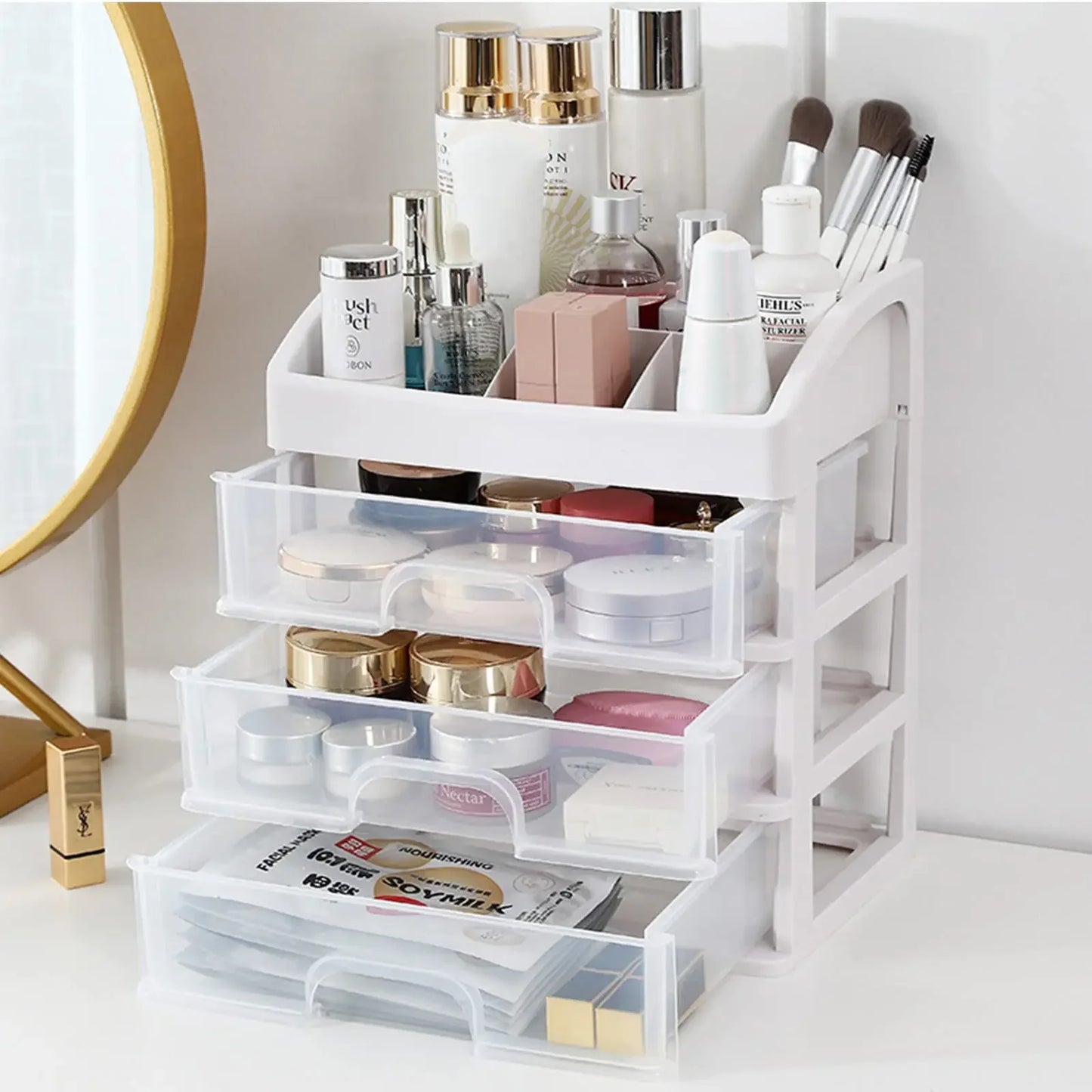 Multilayer Desktop Storage Box with Drawers, Stackable Makeup & Jewelry Organizer for Hair Accessories, Office Stationery Holder