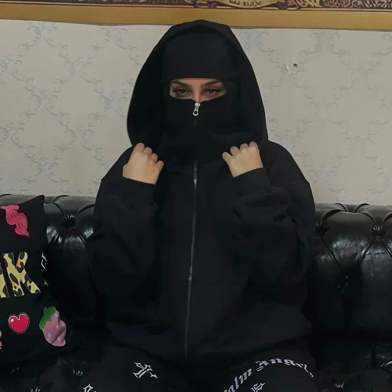 Men and women Balaclava Y2K Gothic Harajuku winter new item double hooded sweatshirt men's hooded mask zipper sportswear