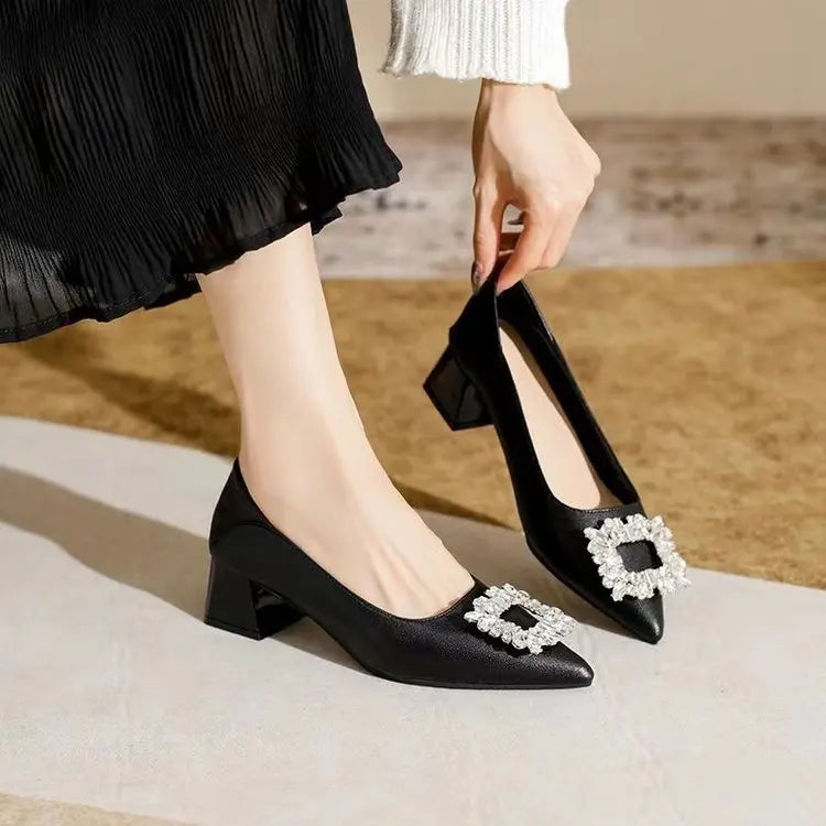 Women's Elegant Black Mid Block Heels Pumps with Crystal Rhinestone Pointed Toe Dress Shoes