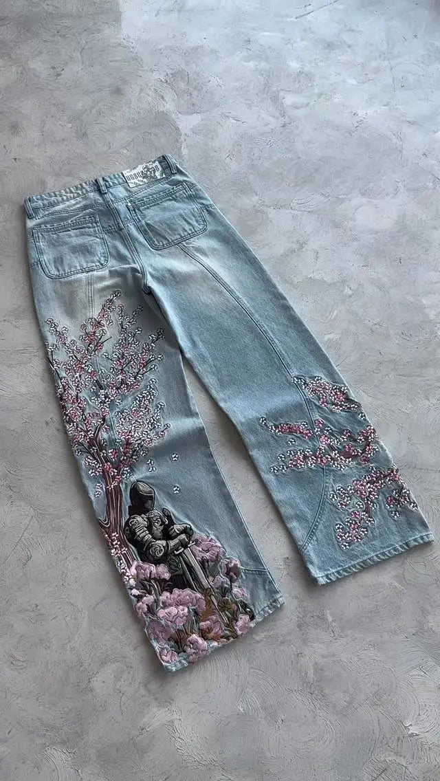 Men Women Cherry Blossom Knight All Embroidery Denim Pants Y2k Vintage Baggy Street Straight Jeans High Waisted Washed Blue Jean