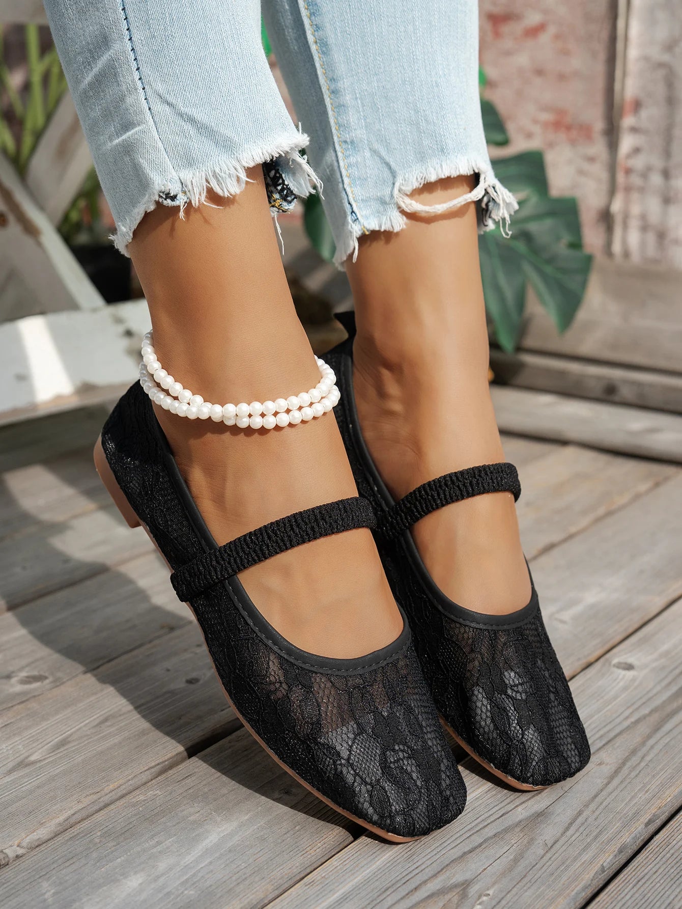 Ballet-style mesh flat shoes for women, French pastoral-style small square-toe single shoes, Mary Jane shoes