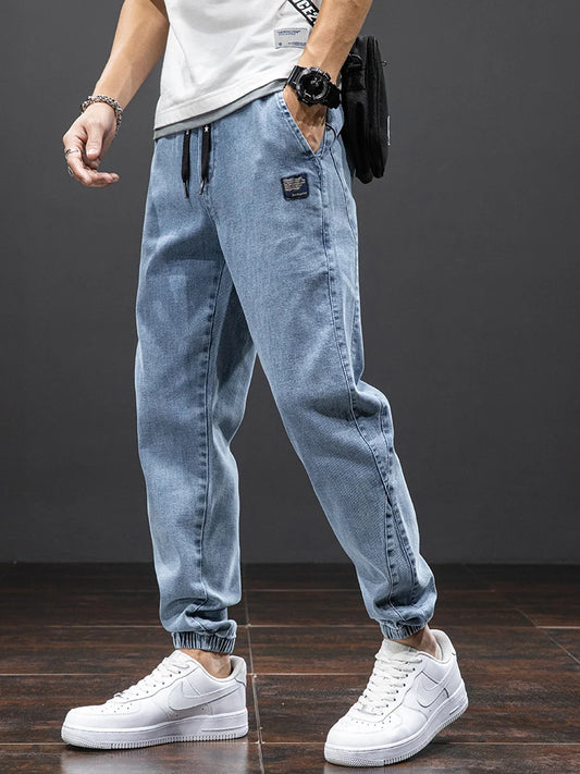 Mens Denim Cargo Jogger Pants, Baggy Harem Style, Drawstring Waist Plus Size