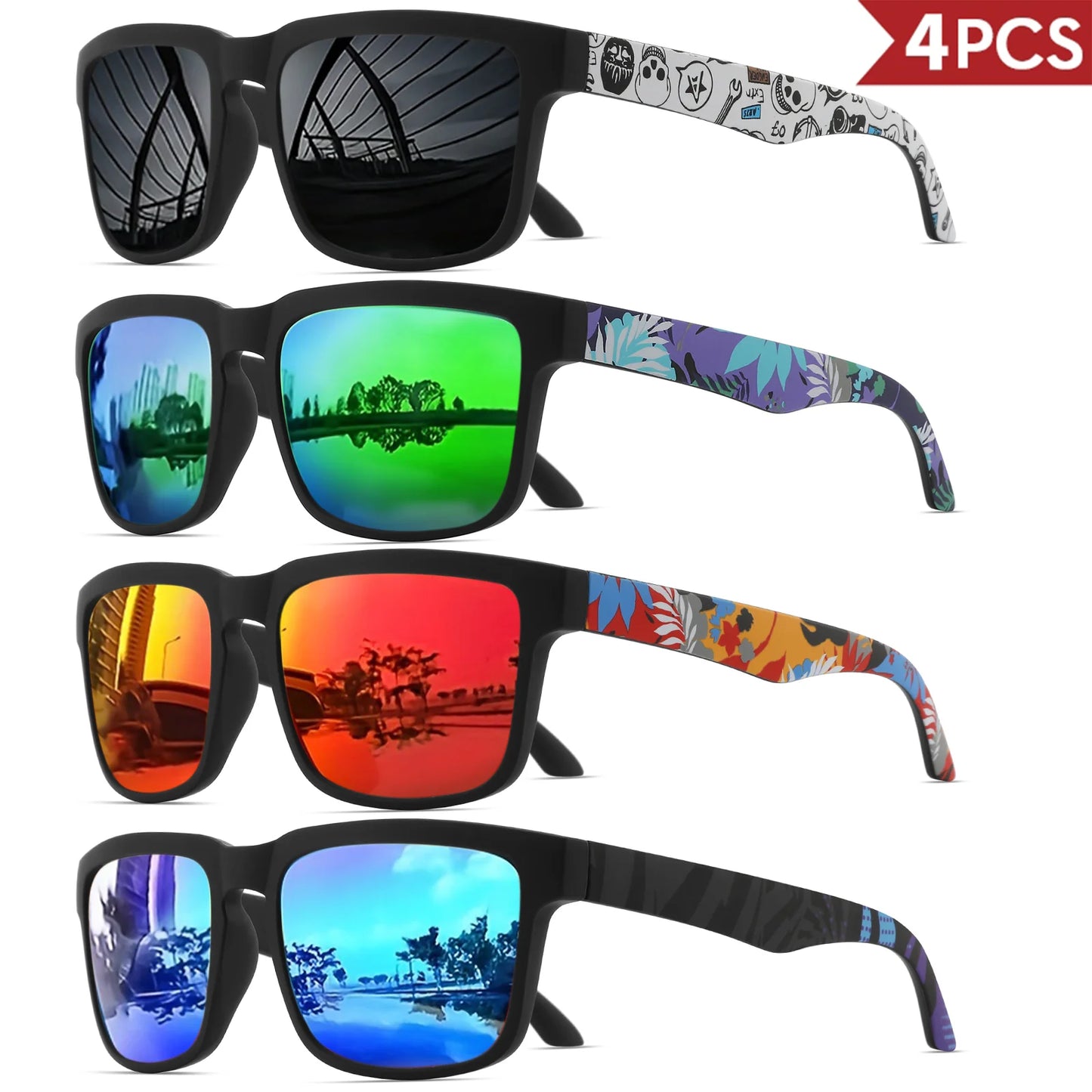 4PCS Square Sports Sunglasses with Designer Temple Pattern - UV400 for Men Women, Beach Vacation