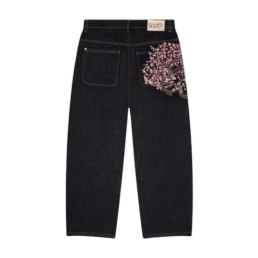 Unisex Denim Jeans With Plum Blossom Embroidery Wide Leg