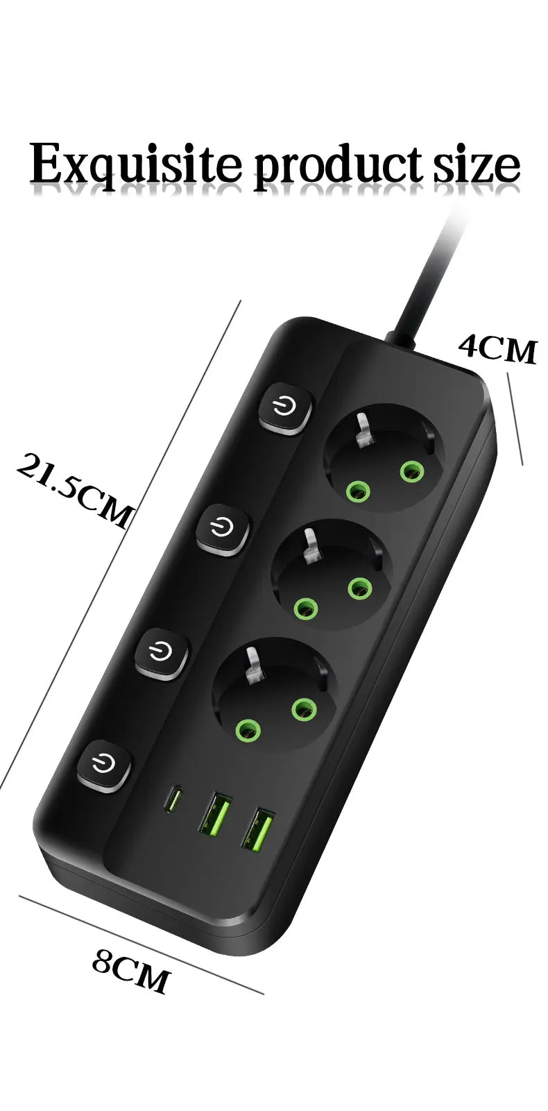 EU Plug Electrical Socket with 3/5 AC Outlets 2 USB Ports + 1 Type C 6/8-in-1 Plug Socket Adapter 2M Power Strip for Home Office