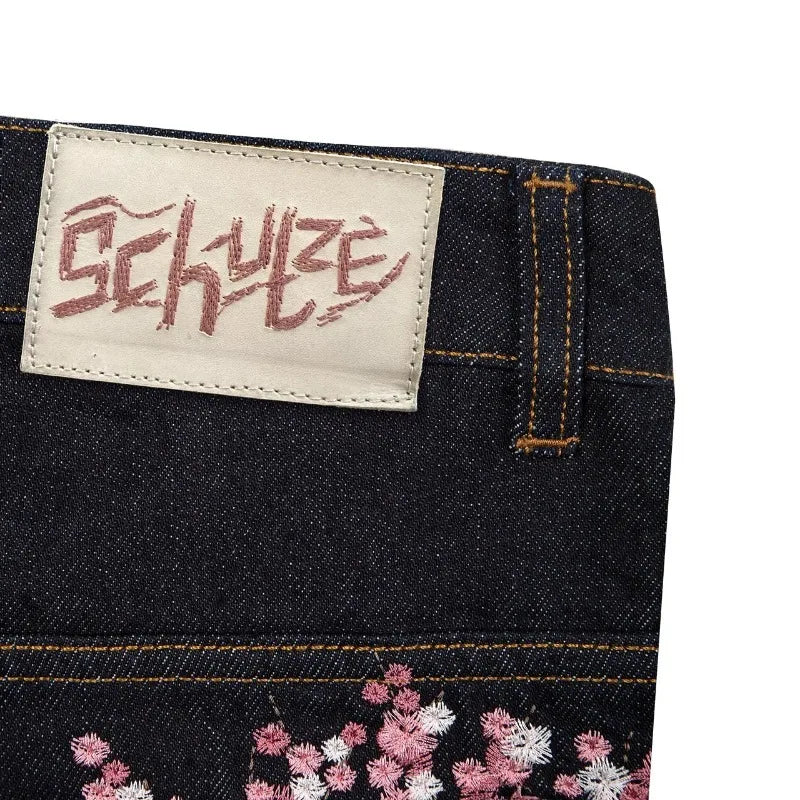 Unisex Denim Jeans With Plum Blossom Embroidery Wide Leg