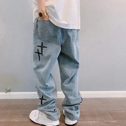 Men's Denim Cargo Jeans, Loose Wide-Leg, Casual Streetwear