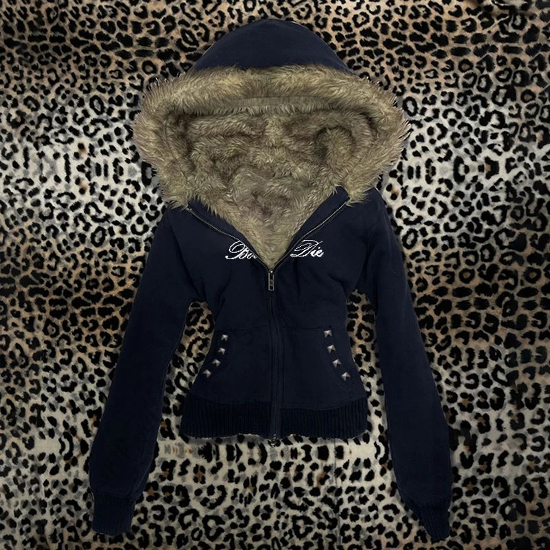 Y2K Harajuku Aesthetic Women's Fur Collar Hoodie Sexy Slim Chic Casual Solid Color Cardigan Sweatshirt Goth Punk Rock Streetwear