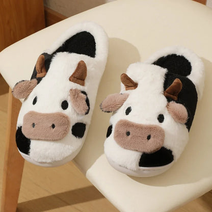 Cartoon Cow Plush Slippers For Women Winter Indoor Non-Slip Rubber Sole