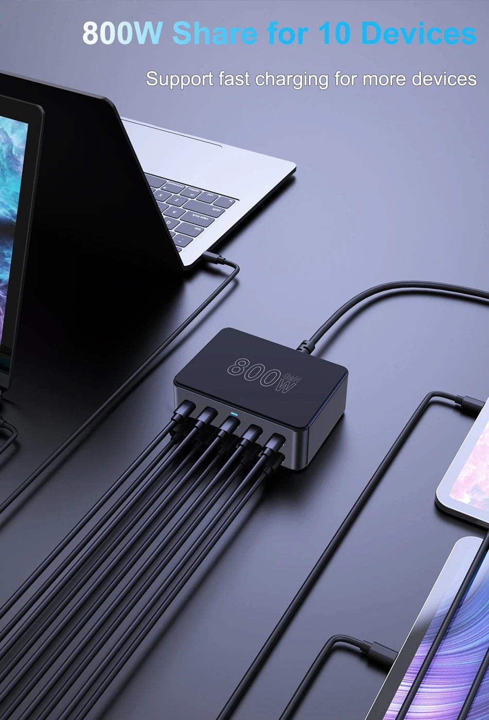 800W USB C GaN Charger 100W PD3.0 PPS QC3.0 Multiport Fast Charging Station for iPhone 15 16 Samsung Macbook Pro Laptops Tablets