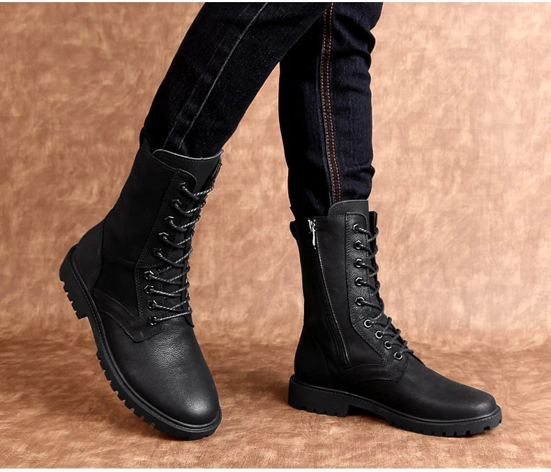 Men's Leather Motorcycle Boots Mid-Calf With Plush Lining